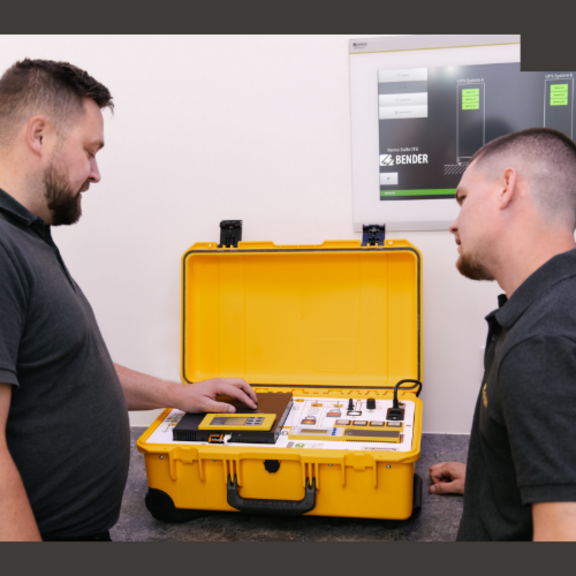Two images, left and right of Bender employees delivering CPD presentations and the middle picture showing experts demonstrating Bender technology