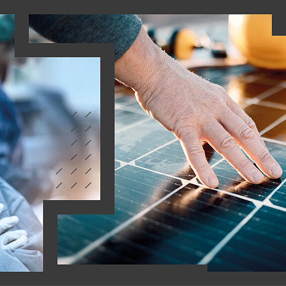 Industry image showing a large ship, a surgeon in a hospital, a solar power panel and an electric vehicle charging.