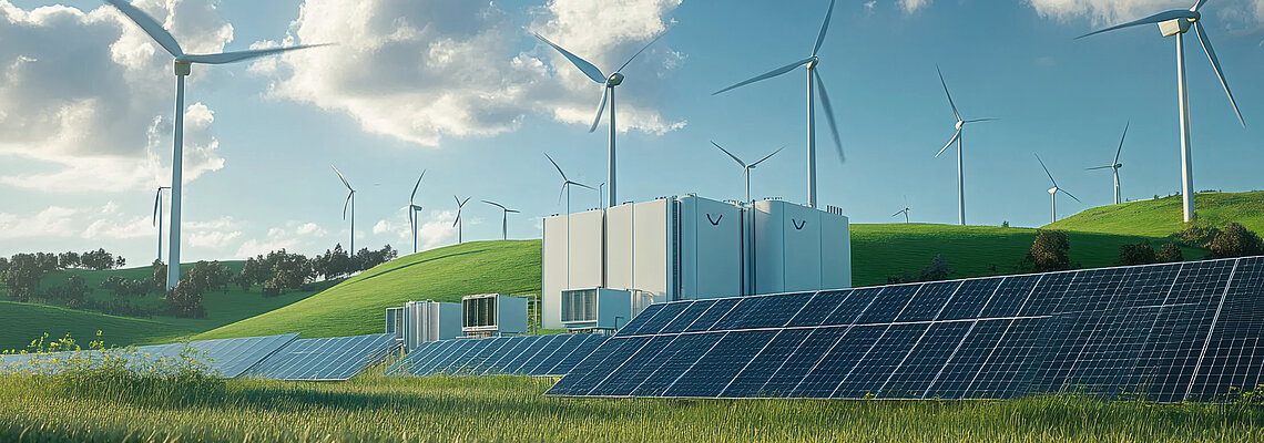 A field with a battery energy storage system and windmill in the background