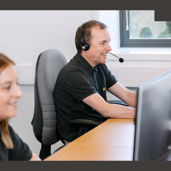 Three images, one of an engineer putting demo cases in a van, image of customer support team at desk wearing headset, final image of an engineer in front of a van
