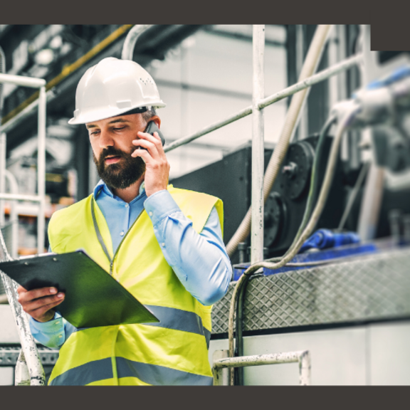 An image containing three separate images, one of an engineer reviewing drawings at a desk, another of an engineer in PPE reviewing a clipboard and the final of engineers around a demo case receiving training