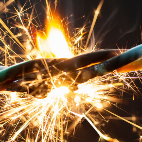 Image of a damaged cable with fire sparks