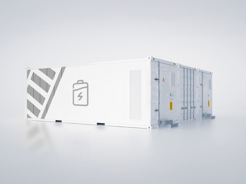 Battery energy storage facility with modular container units.