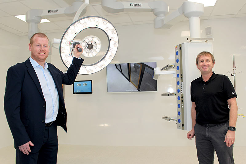 Managing Director Gareth Brunton with Hospital Operations Leader Steve Helling in the new operating theatre demonstration room at Bender UK
