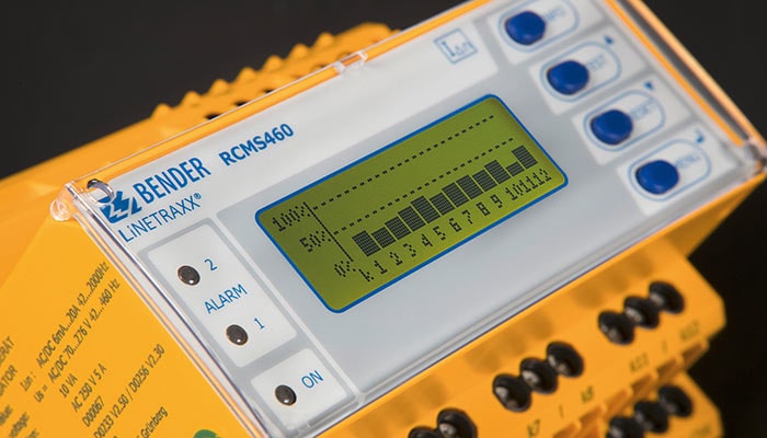 Bender residual current monitor showing real-time readings and measurements of electrical current, indicating system performance and potential issues.
