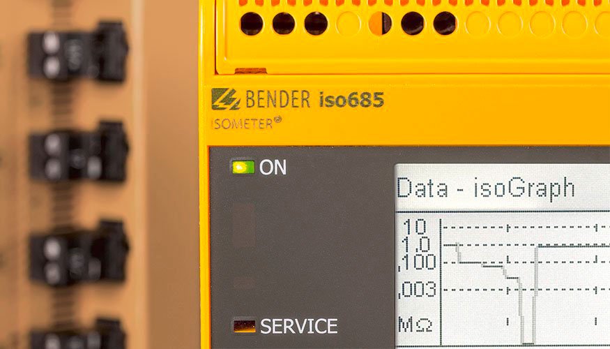 Bender insulation monitoring device display shows Isograph readings, reflecting the performance of electrical insulation and highlighting any potential emerging faults.