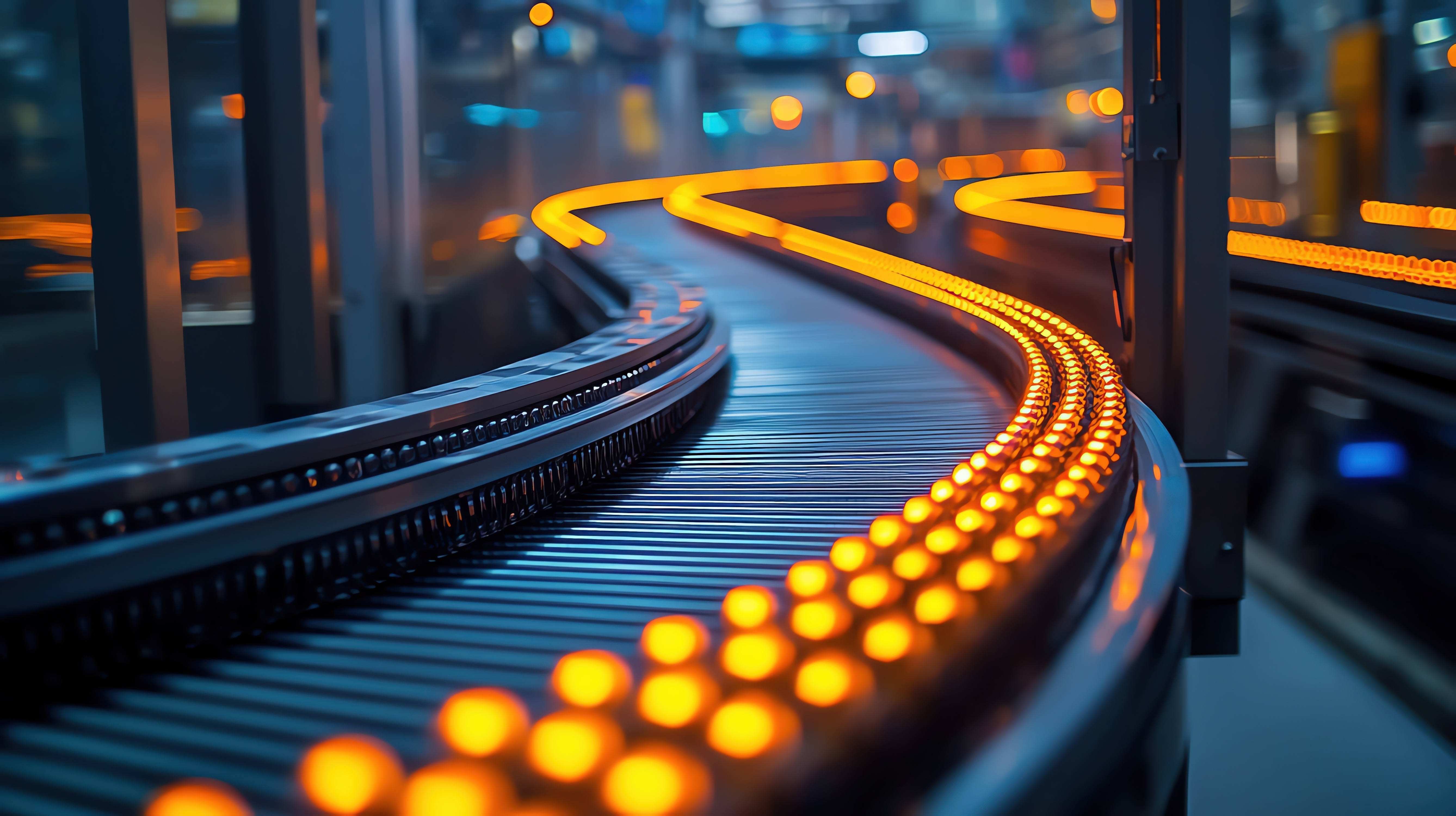 Manufacturing conveyor belt in motion, transporting materials through a production line 