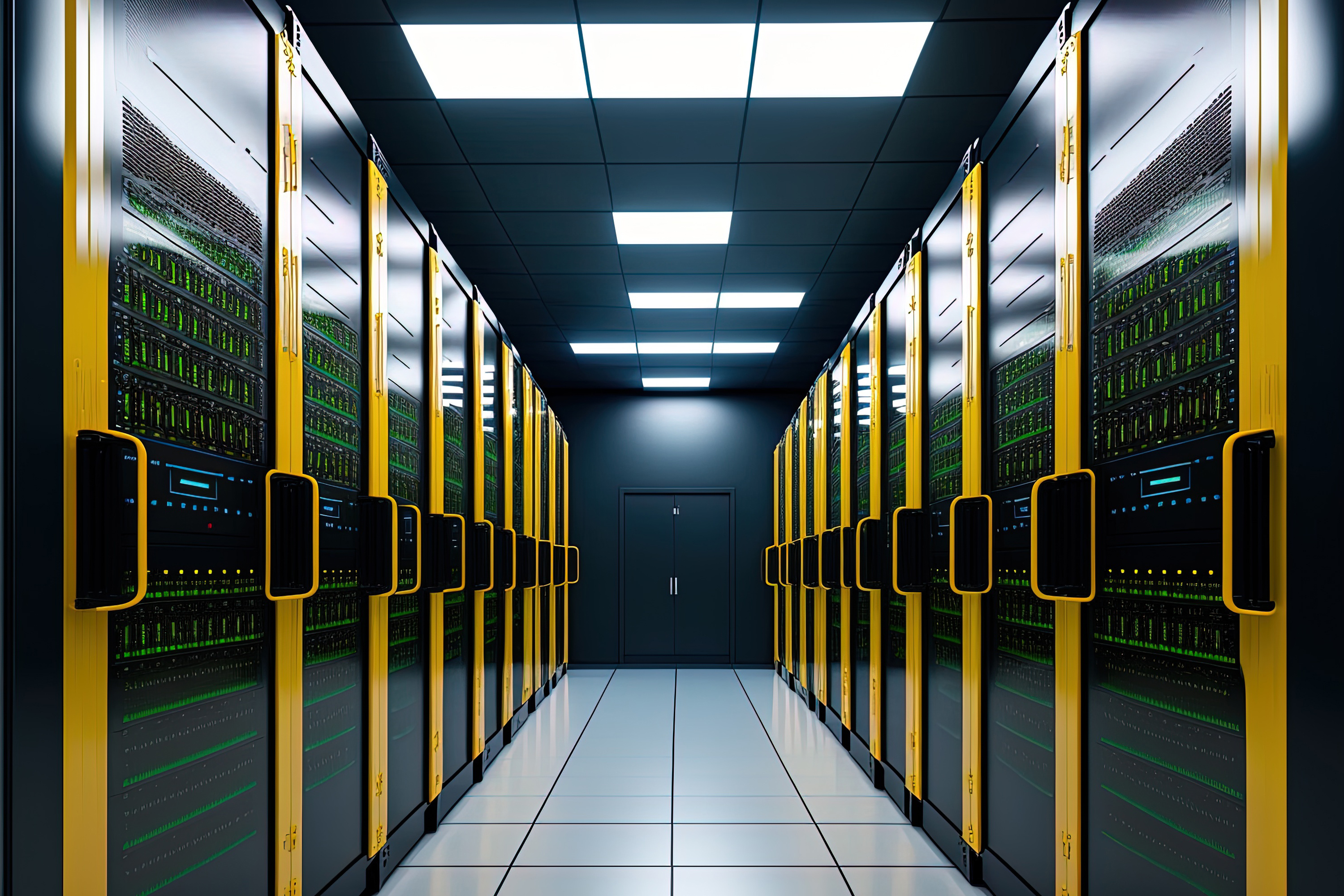A modern data centre with rows of server racks and organised aisles filled with data and advanced technology equipment.