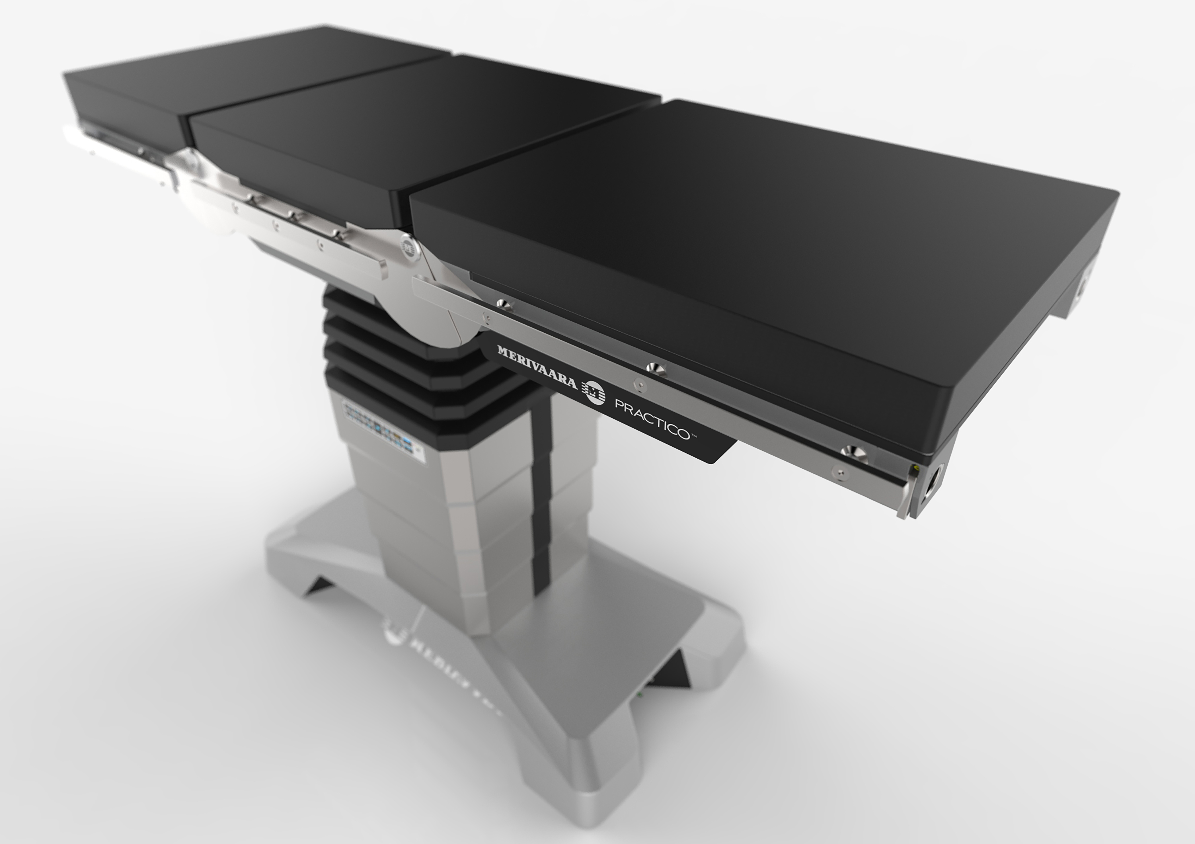 Merivaara operating table on an angle, silver and grey on a plain white background 