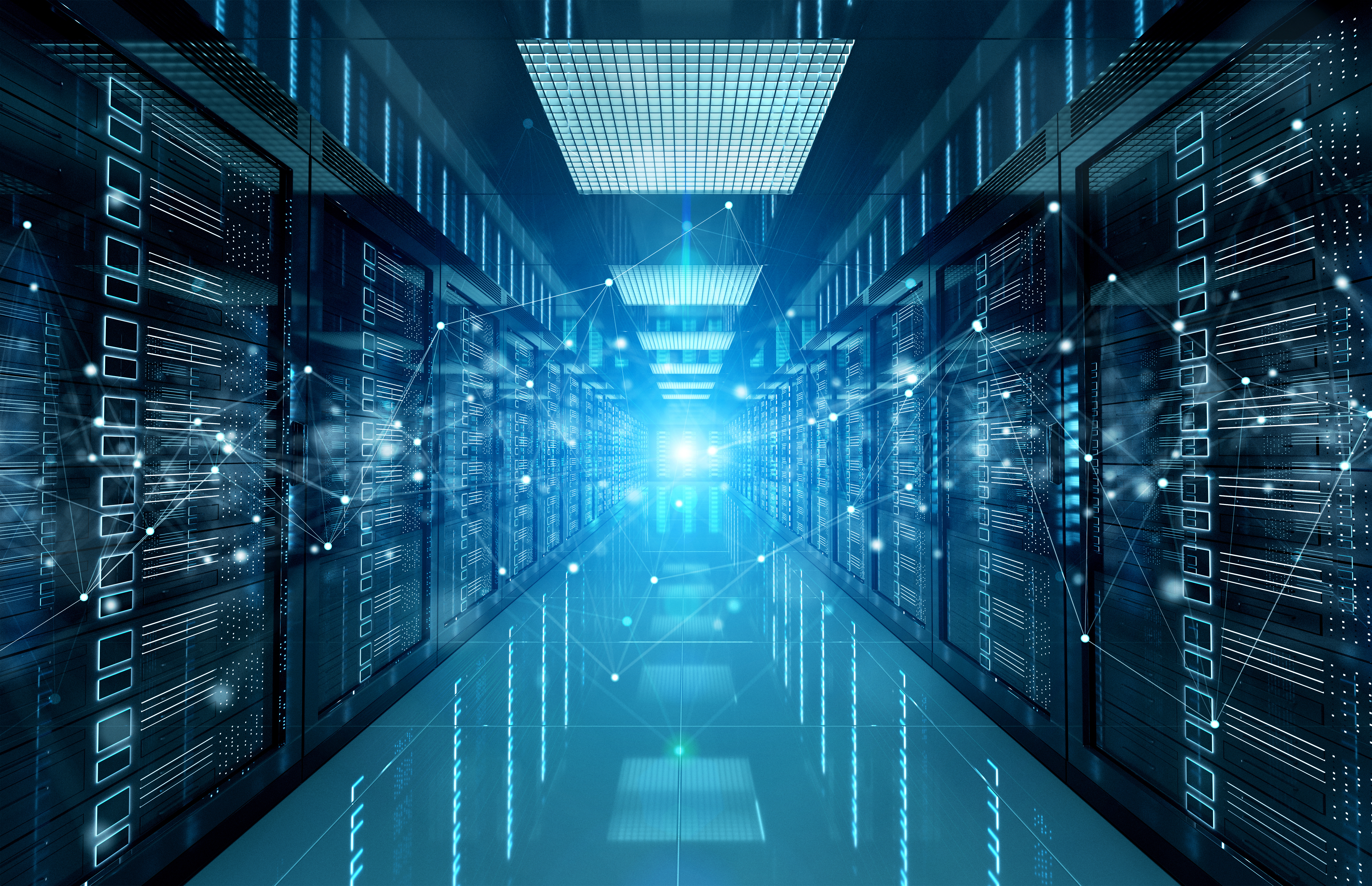 Visualisation of a data centre with various racks and servers