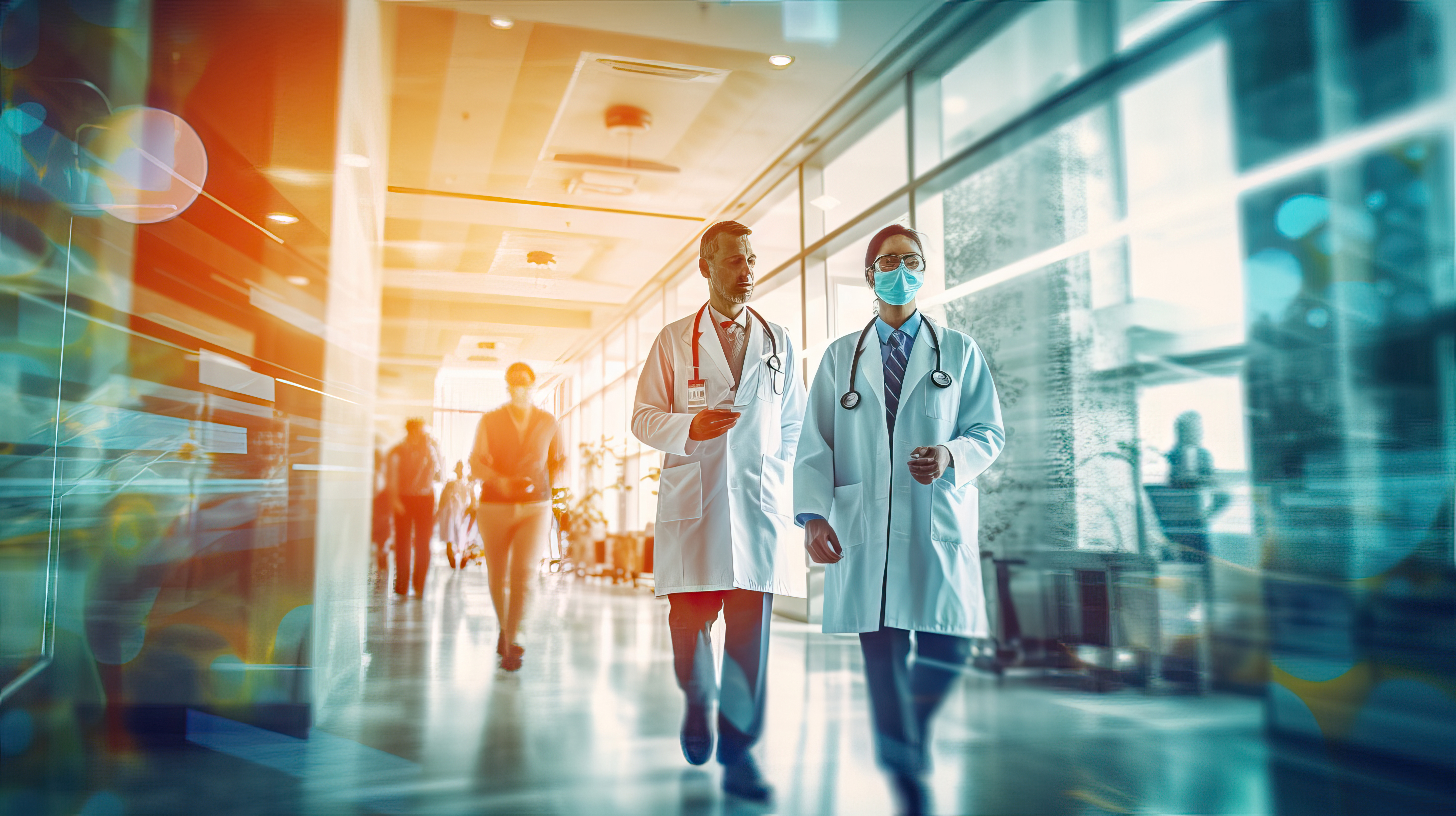 Hospital staff walking through a hospital corridor 