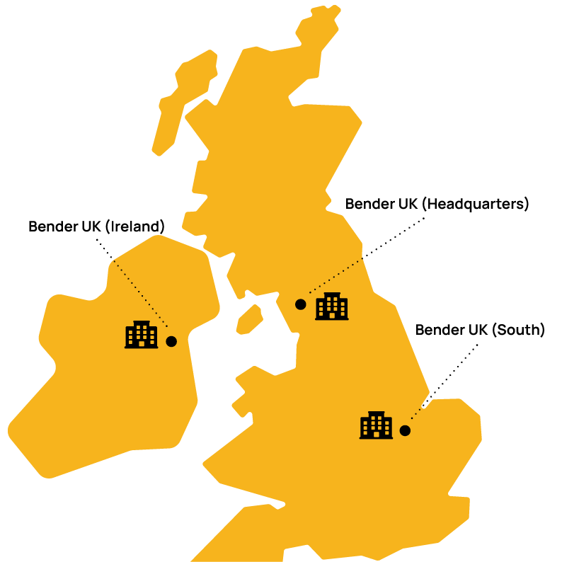 Map of the UK and Ireland and all three Bender offices detailed on including headquarters, south and ireland