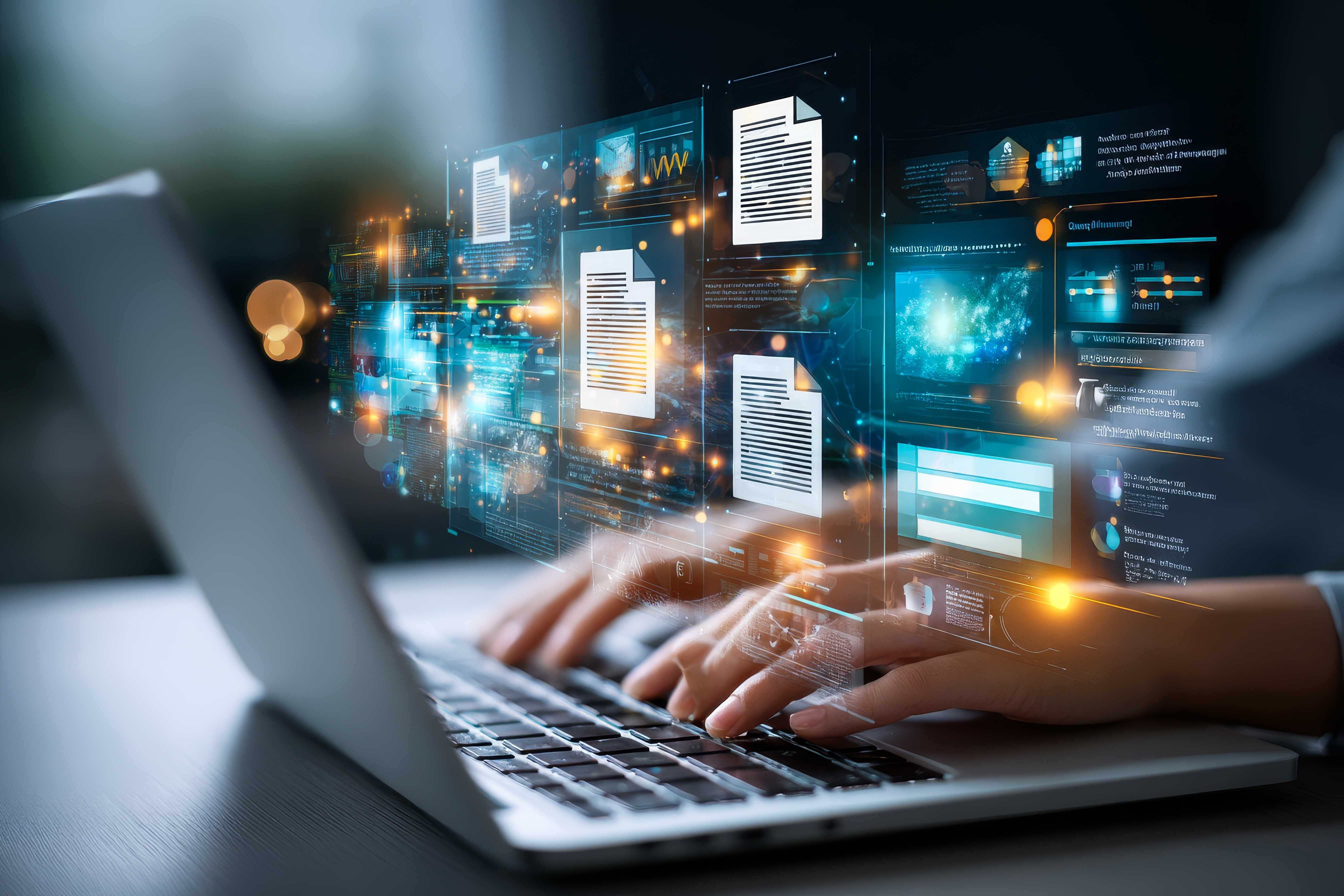 image of a computer with a visualisation coming out of the screen