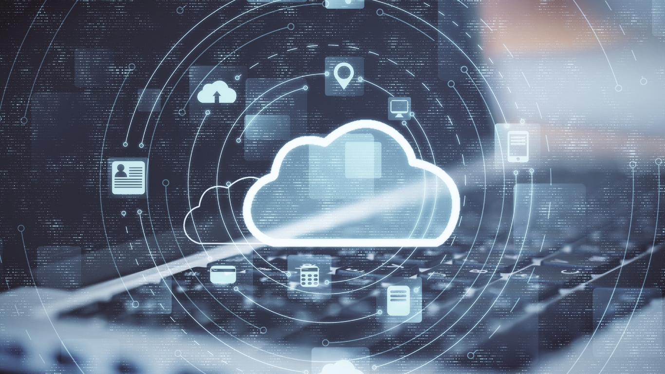 Cloud icon with technical visuals and a laptop in the background