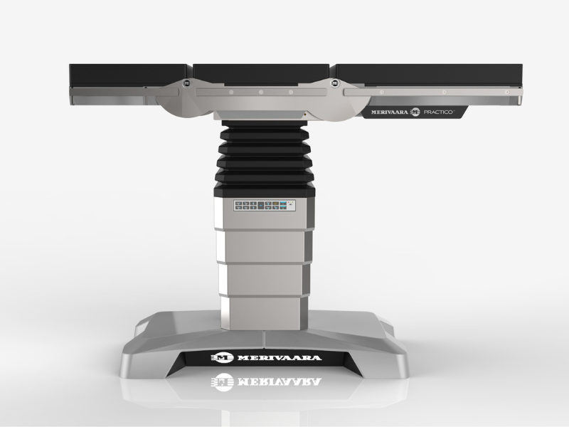 Silver and black operating table with white background 