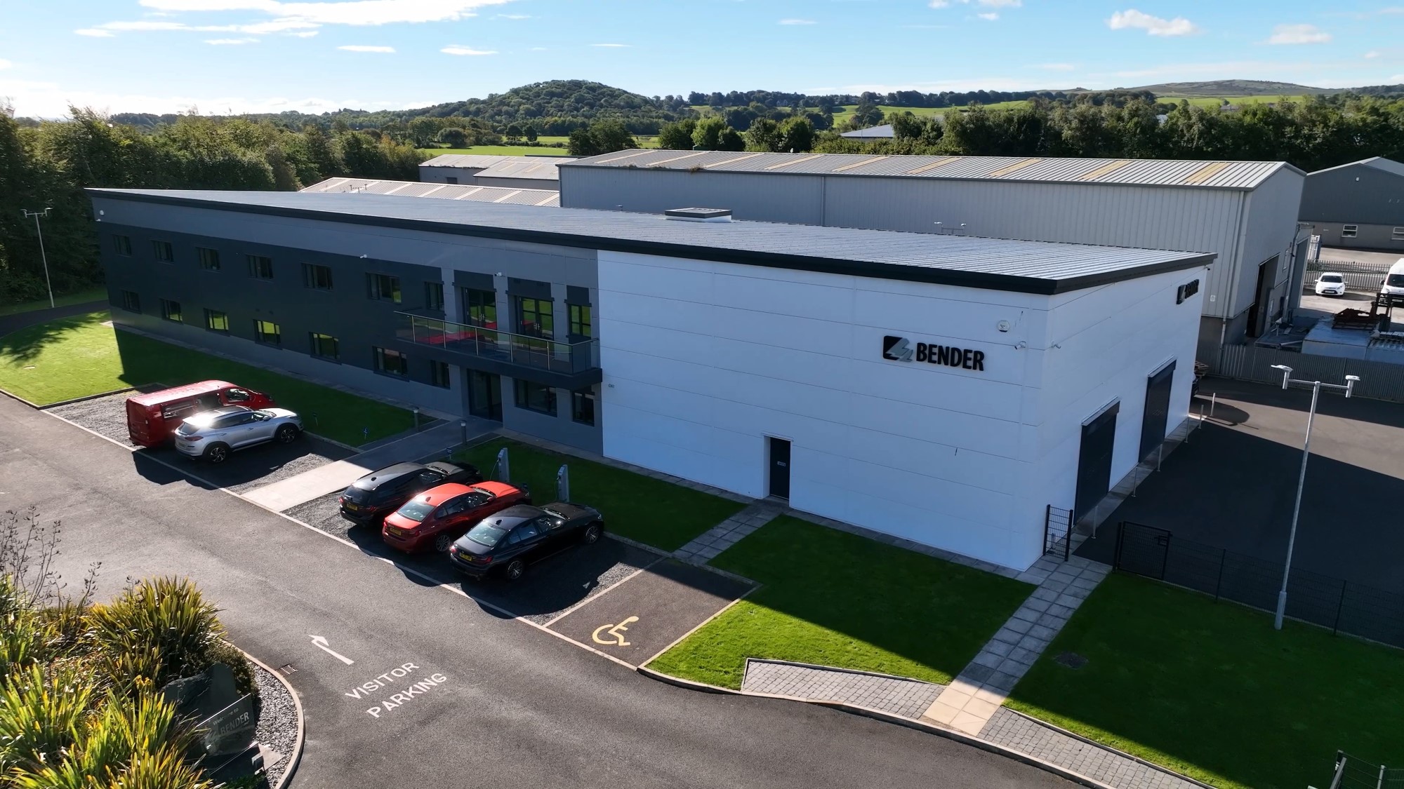 Aerial view of the Bender UK office building 