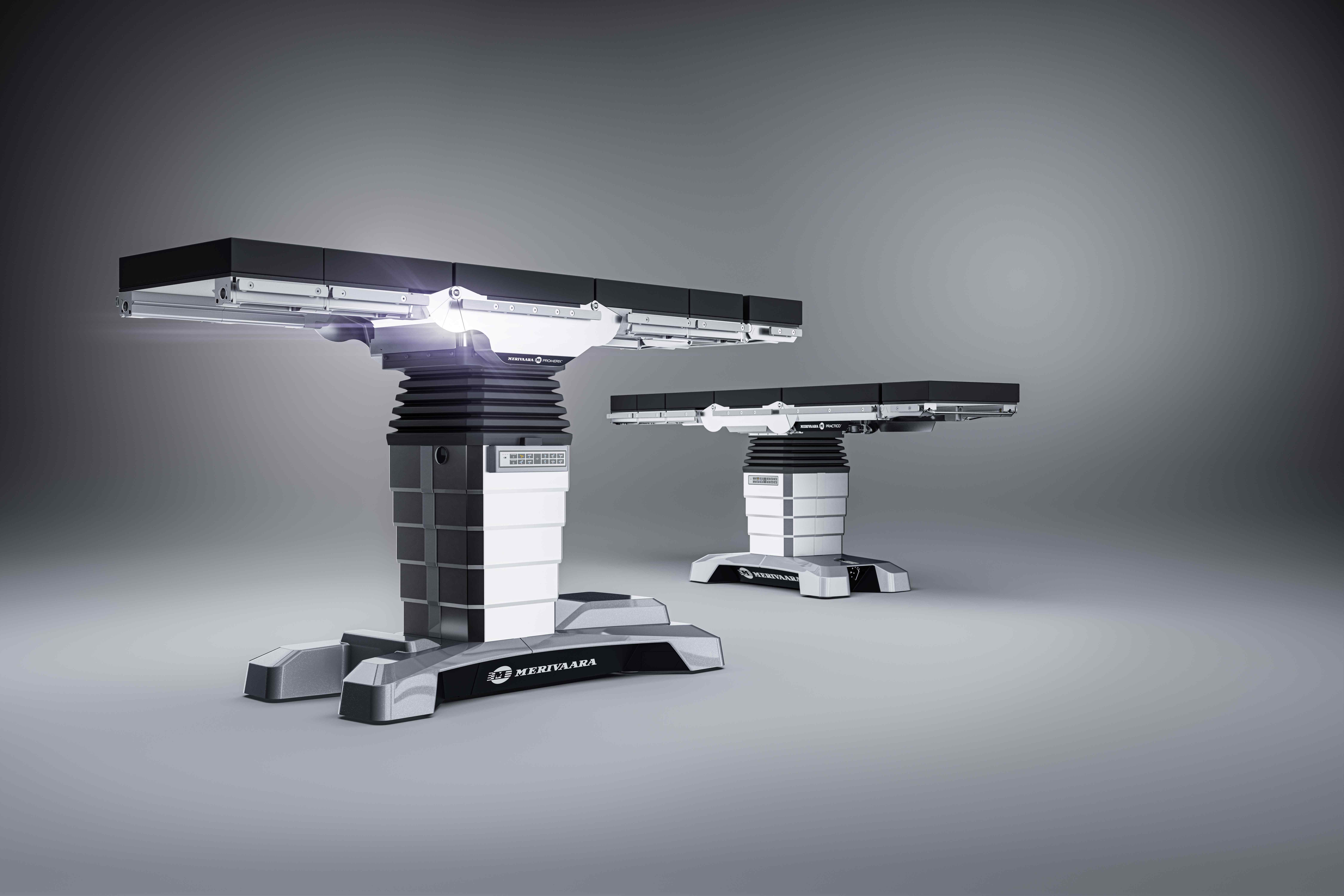 Visualisation image of two modern operating tables on a grey background 