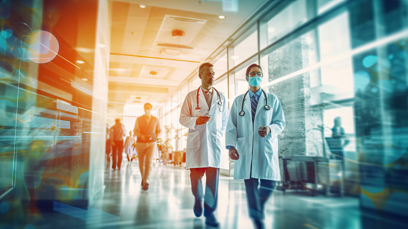 Doctors in the corridor of a modern hospital with an orange and blue background 
