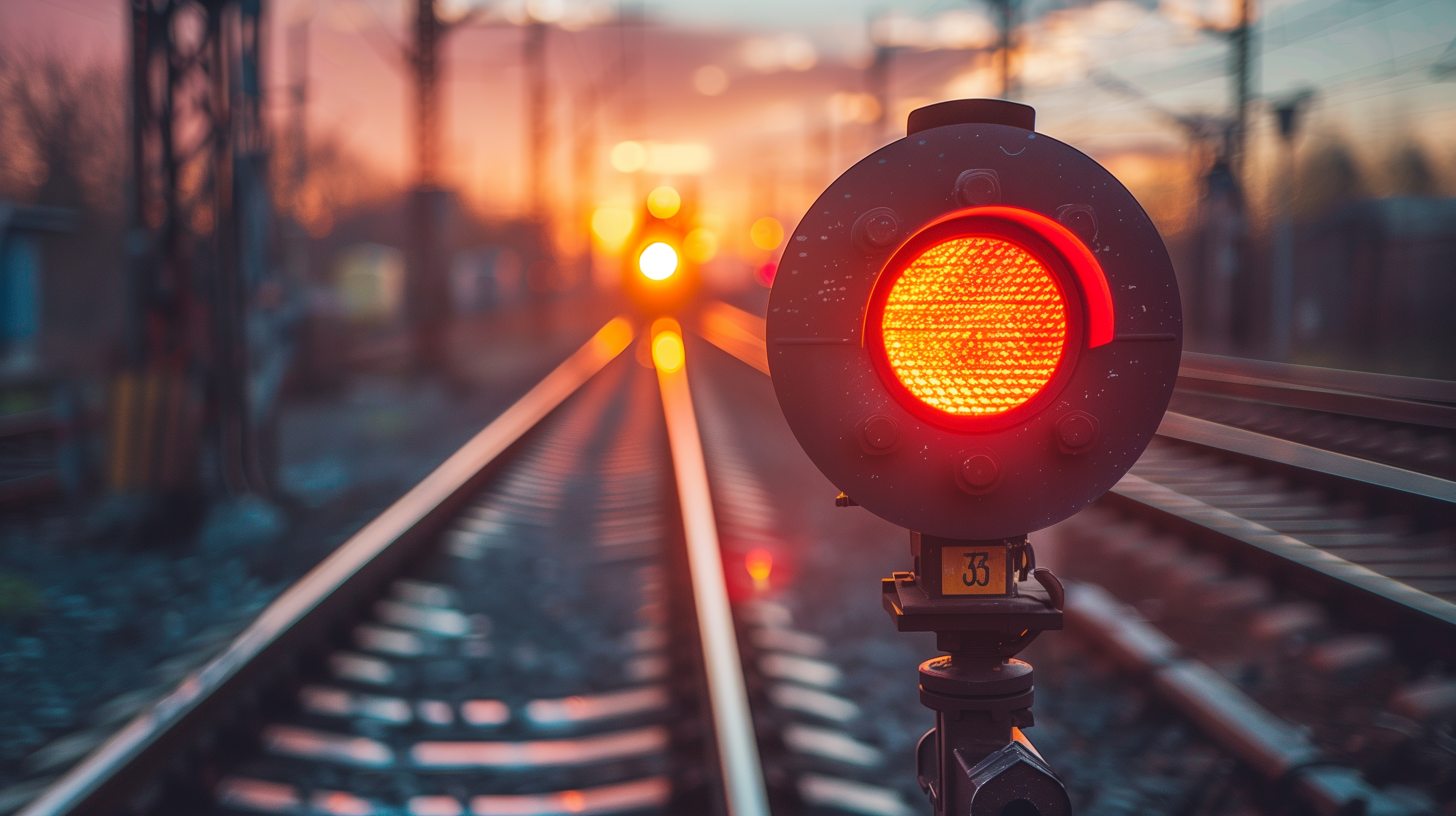 A red railway signal light is illuminated on the track, indicating a stop or caution for approaching trains.