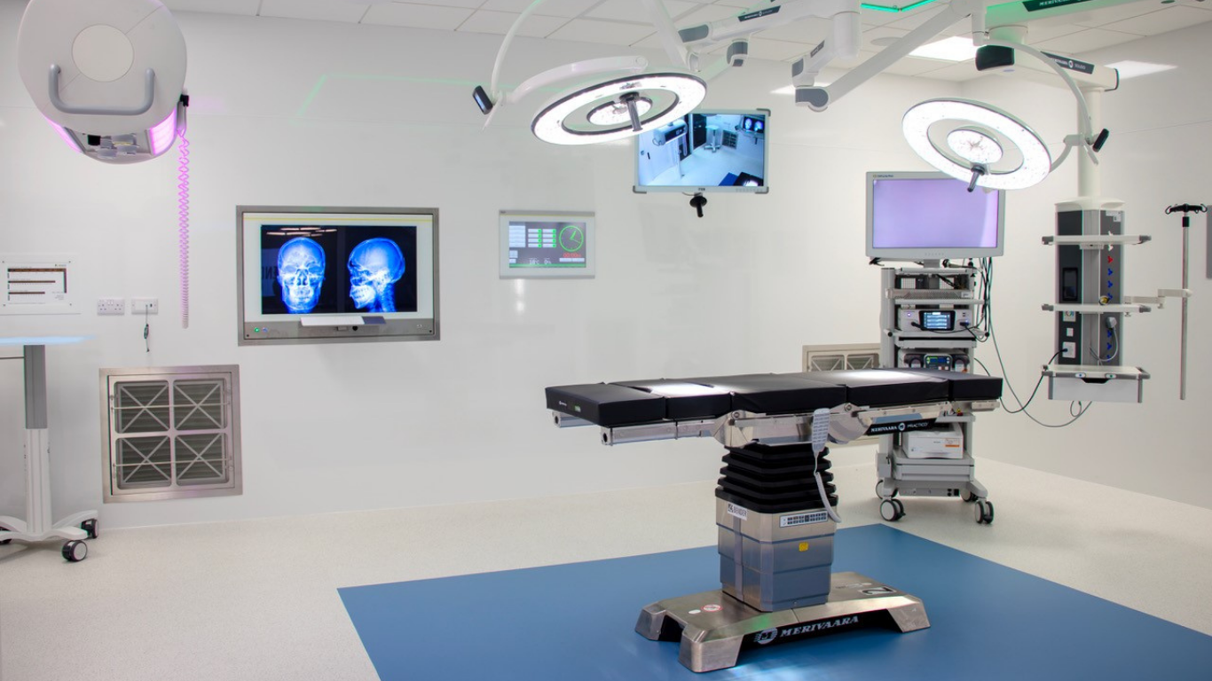 Operating theatre at Bender UK with lights, pendants, PACS, theatre control panel and operating table