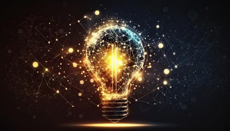 Image with a light bulb visualisation with lights sparking off it